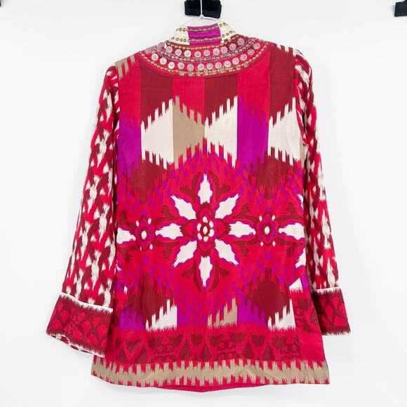 Tory Burch Iveta Embellished Ikat Silk Tunic Top Pink Red Resort Womens Size 2 - Picture 8 of 12